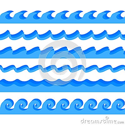 Water waves. Vector blue wave ornament set on white background Vector Illustration