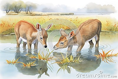 waterbuck foals playing by the river Stock Photo