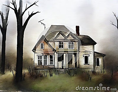 Watercolor of abandoned haunted house with broken created with Stock Photo