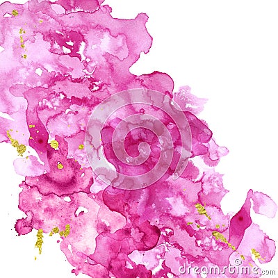 Artistic hand painted pink texture with splashes of gold paint on white background. Watercolor fuchsia banner Stock Photo