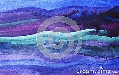 Watercolor abstract background. Blue and purple paint strokes. Watercolor waves. Stock Photo