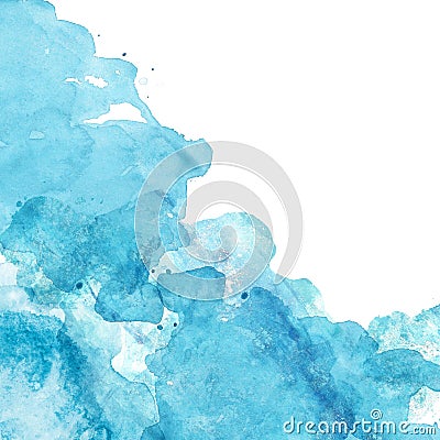 Watercolor blue sea texture with liquid watercolor paint on white background. Abstract hand painted banner. Cartoon Illustration