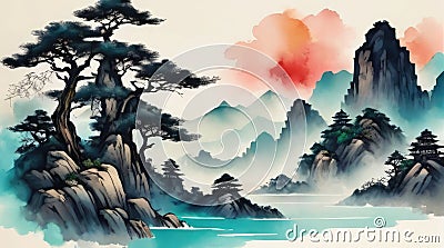 Watercolor Abstract Background with Chinese Style. Generative AI Stock Photo
