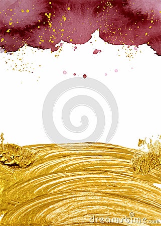 Watercolor abstract background, hand drawn watercolour burgundy and gold texture Vector Illustration