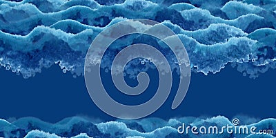 Watercolor abstract blue seamless border with sea, waves, sky, clouds and Blue Monday mood of loneliness and depression. Stock Photo