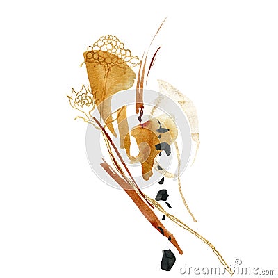 Watercolor abstract composition of linear grass with gold berries and spots. Hand painted autumn card of plants isolated Cartoon Illustration