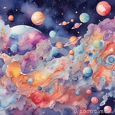 Watercolor abstract cute outerspace doodle background Stock Photo