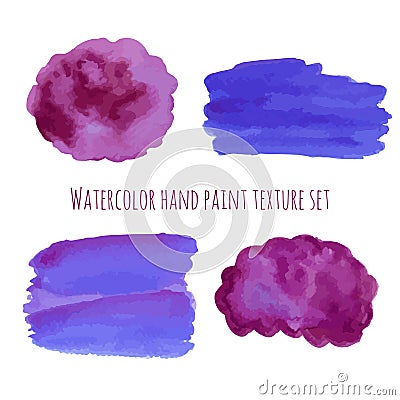 Watercolor abstract design elements in violet and purple colors. Hand drawn abstract colorful blots set. Hand paint watercolor Vector Illustration
