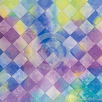Watercolor abstract diamonds background with drops and splashes. Cartoon Illustration