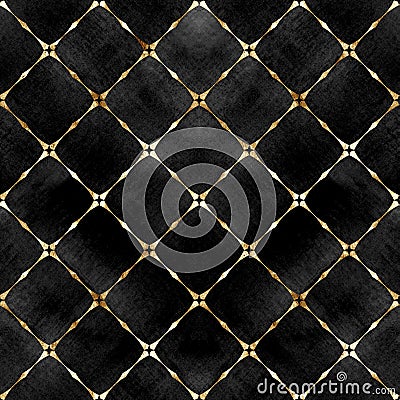 Watercolor abstract geometric black velvet stripe plaid seamless pattern with gold glitter line contour Stock Photo