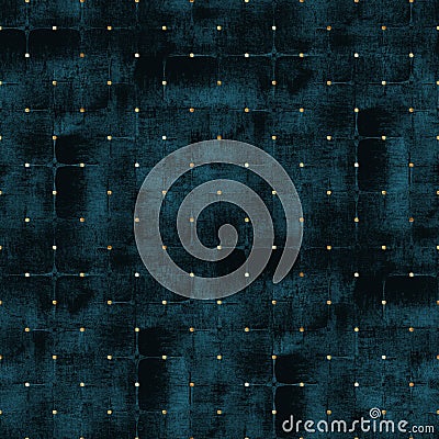 Watercolor abstract geometric dark teal velvet plaid seamless pattern with gold glitter polka dot Stock Photo