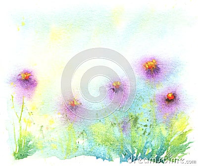 Watercolor abstract greeting with flowers, grass and sky. hand painted illustration Cartoon Illustration