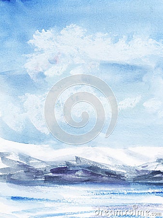 Watercolor abstract landscape. Ice fields, cold mountains. Light cloudy sky. Hand drawn on a paper illustration. Cartoon Illustration