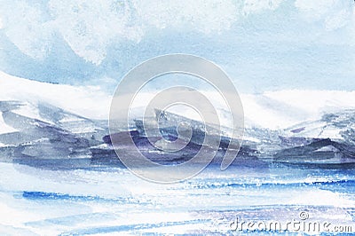 Watercolor abstract landscape. Ice fields, cold mountains. Light cloudy sky. Hand drawn on a paper illustration. Cartoon Illustration