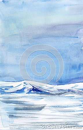 Watercolor abstract landscape. Ice fields, cold mountains. Light cloudy sky. Hand drawn on a paper illustration. Cartoon Illustration