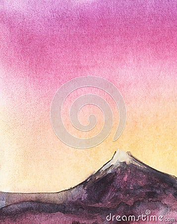 Watercolor abstract landscape. Mountain chain with snowy peak of extinct volcano beneath colorful sunrise sky graduating Cartoon Illustration