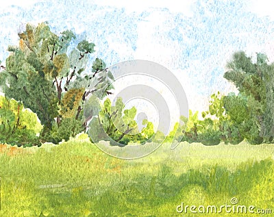 watercolor landscape with sunlight, green grass and trees and blue sky Stock Photo