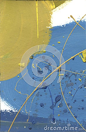 Watercolor abstract pained canvas. Desert effect acrylic splashes hand made paint yellow and blue lines texture. Blue gradient Stock Photo