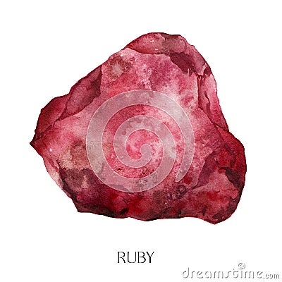 Watercolor abstract ruby stone. Hand painted jewel stone isolated on white background. Minimalistic illustration for Cartoon Illustration