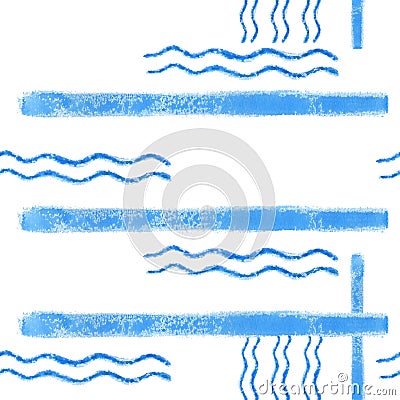 Watercolor abstract seamless pattern with blue horizontal stripes and waves Stock Photo