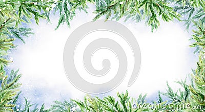 Watercolor abstract winter horizontal background. Branches of fir. Winter landscape. Stock Photo