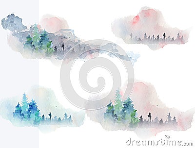 Watercolor abstract woddland, fir trees silhouette with ashes and splashes, winter background Cartoon Illustration