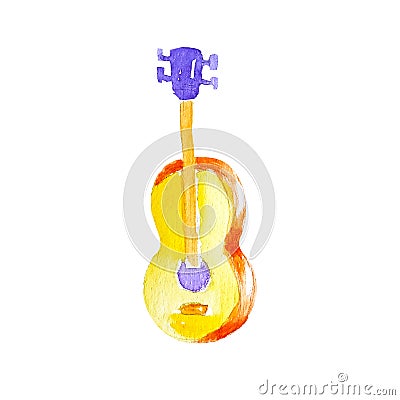 Watercolor acoustic classic wooden yellow guitar isolated on white background Stock Photo