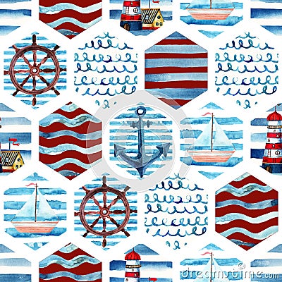 Watercolor adventure seamless pattern in patchwork marine style. Cartoon Illustration