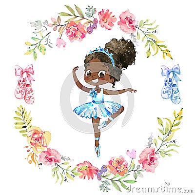 Watercolor African American Ballerina. Ballet Girl Surrounded by floral wreath. Ballerina Wearing Blue Tutu. Elegant Stock Photo