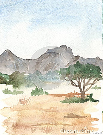 Watercolor African landscape with mountains, trees, meadow Cartoon Illustration