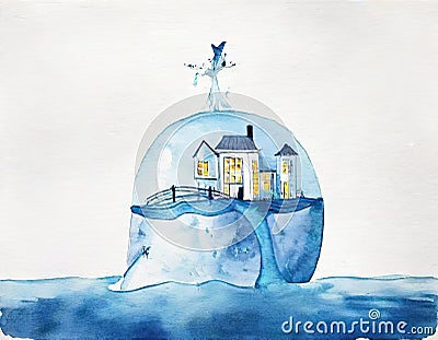 Watercolor of AI of a big blue whale carrying a white house full of inside Stock Photo