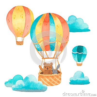 Watercolor air transport with bunny and bear. Air balloon, aerostat Stock Photo