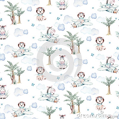 Watercolor airplane kid seamless pattern. Watercolor toy background baby cartoon cute pilot hippopotamus, zebra with hippo, lion Stock Photo