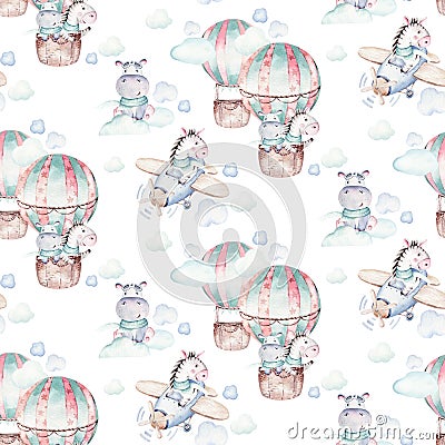 Watercolor airplane kid seamless pattern. Watercolor toy background baby cartoon cute pilot hippopotamus, zebra with hippo, lion Stock Photo