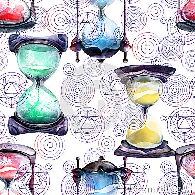 Watercolor Alchemical sand hourglass pattern Stock Photo