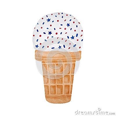 Watercolor American Independence Day ice cream illustration. Hand painted milk frozen dessert in waffle cone with red Cartoon Illustration