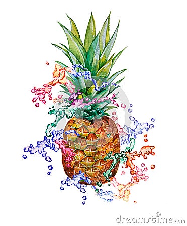 Watercolor ananas with rainbow splash Stock Photo