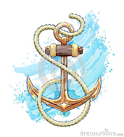 Watercolor anchor with rope Vector Illustration