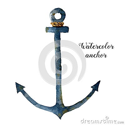 Watercolor anchor with rope. Hand painted nautical illustration isolated on white background. For design, print or Cartoon Illustration