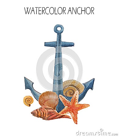 Watercolor anchor with sea shells. Stock Photo