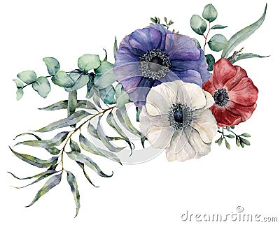 Watercolor anemone asymmetric bouquet. Hand painted red, blue and white flowers, eucalyptus leaves and branch isolated Stock Photo