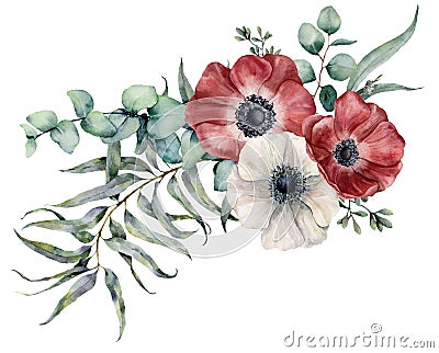 Watercolor anemone bouquet. Hand painted red and white flowers, eucalyptus leaves isolated on white background Stock Photo