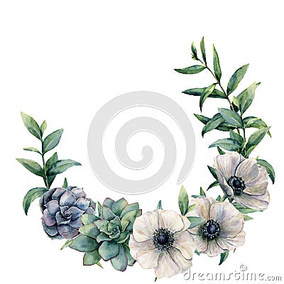 Watercolor anemone and succulent wreath. Hand painted white, green, blue flowers and eucalyptus leaves isolated on white Cartoon Illustration