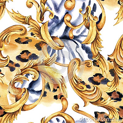 Watercolor animal print with golden baroque seamless pattern, rococo ornament texture Stock Photo