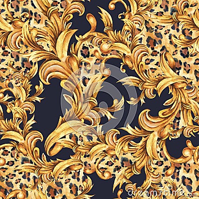 Watercolor animal print with golden baroque seamless pattern, rococo ornament texture Stock Photo