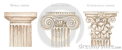 Watercolor antique column corinthian ionic doric order, Ancient Classic Greek pillar set, Roman Columns, Architecture Cartoon Illustration