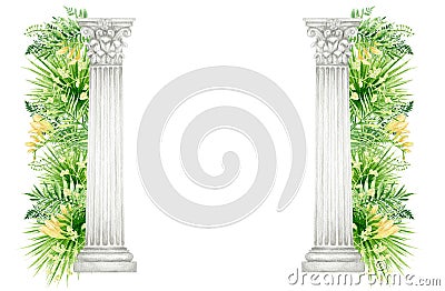 Watercolor antique corinthian column with tropical leaves flowers, Ancient Classic Greek Corinthian order, Roman Columns Cartoon Illustration