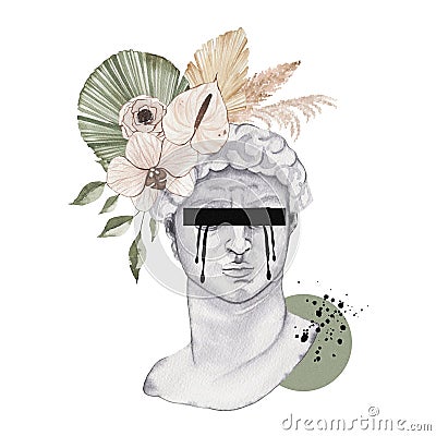 Watercolor antique marble statue of David head face with boho flowers Cartoon Illustration