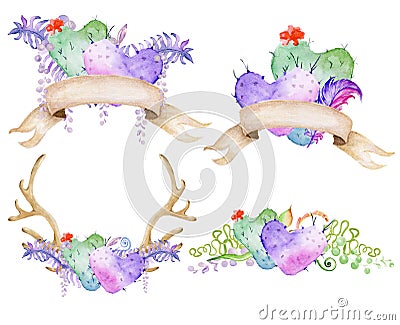 Watercolor antler and bouquet with succulent, cactus, and fern. Stock Photo