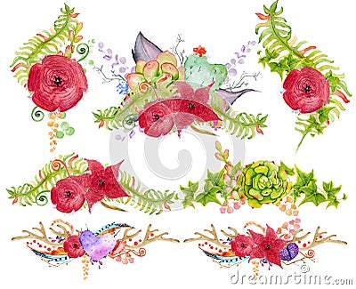 Watercolor antler and bouquet with succulent, cactus, flower and feather. Stock Photo
